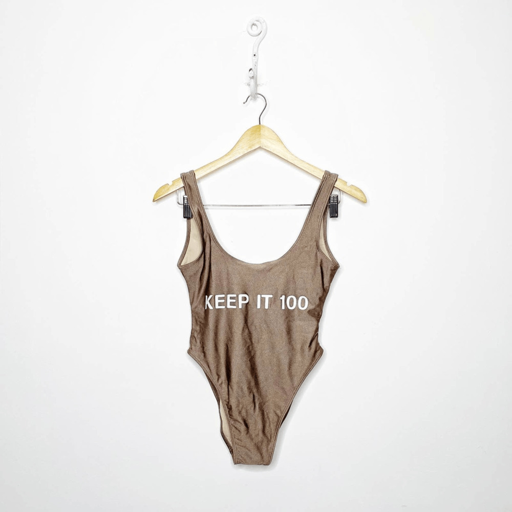 PRIVATE PARTY Keep it 100 Swimsuit one piece metallic mocha tan high leg S/M 0-4